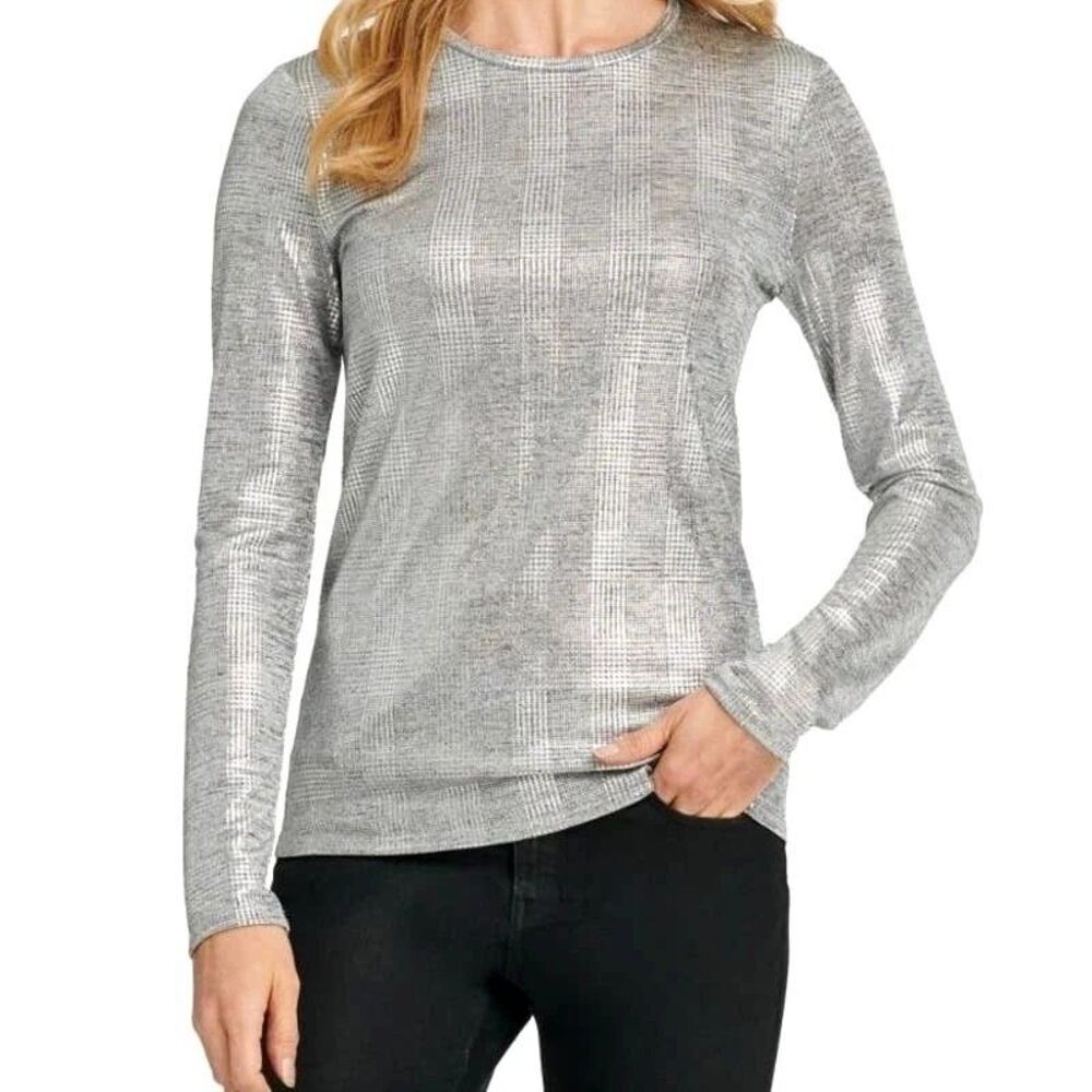 DKNY Silver Metallic Plaid Long Sleeve Top Medium